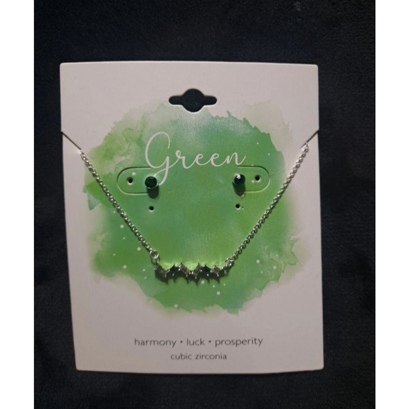 Green Silver Cubic Zirconia Necklace and Earring Set - Picture 2 of 5